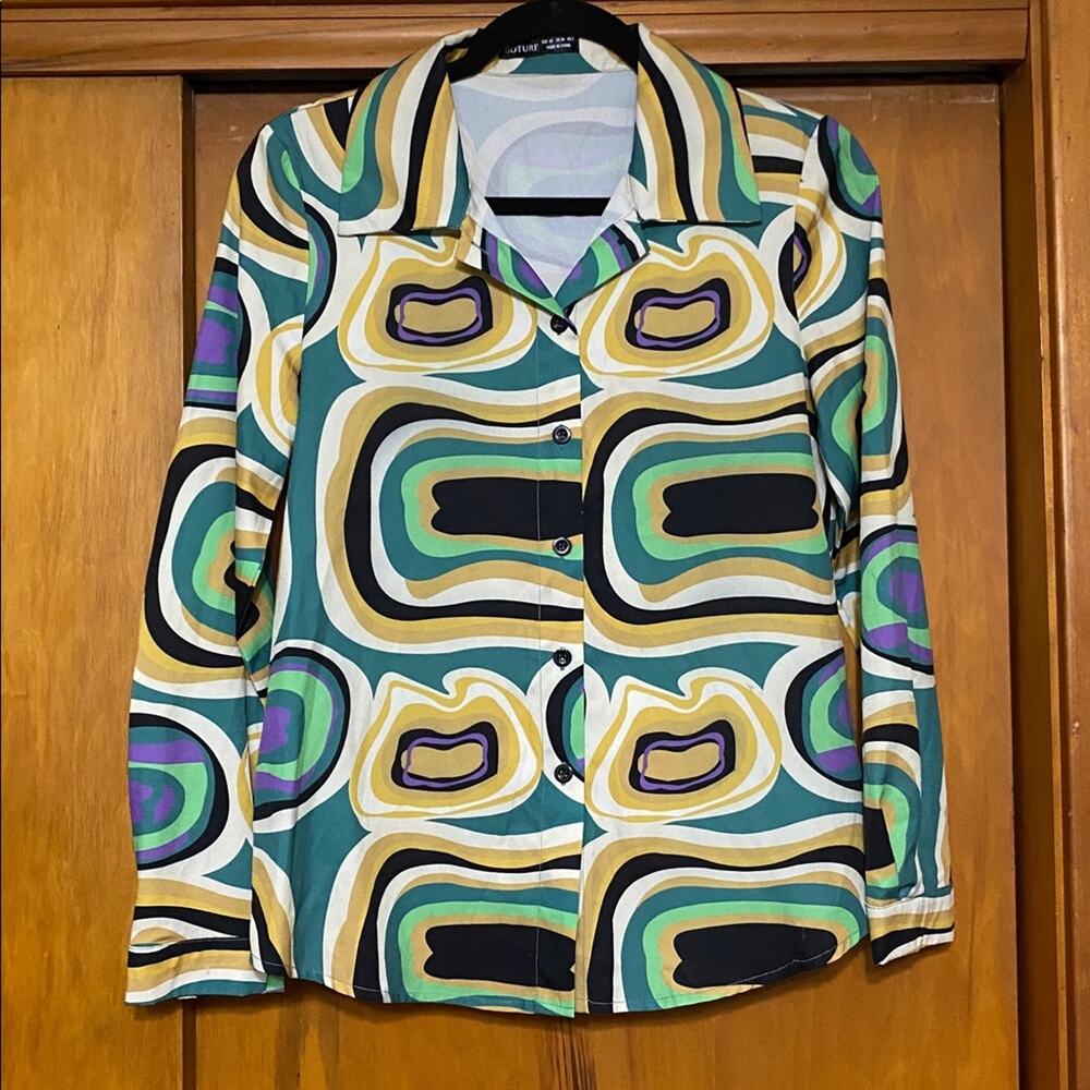 Colorful Groovy Button-Up Shirt 60s 70s Psychedelic Costume Hippie Art Funk
